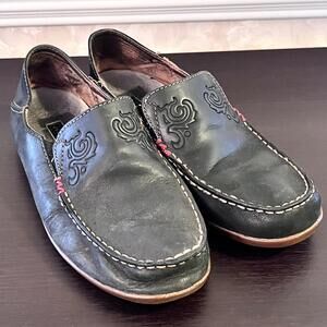 OluKai Shoes Womens 6.5 Black Nubuck Leather Slip On Comfort Casual Flats Loafer